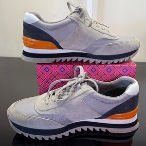 Tory Burch Gray/White/Navy Sawtooth Logo Sneaker Size 8